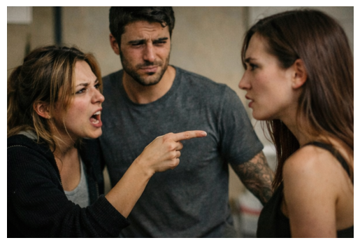 A woman in a heated argument while a man stands caught between two people in conflict
