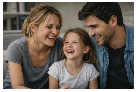 A happy family — mother, father, and young daughter — laughing together on a couch