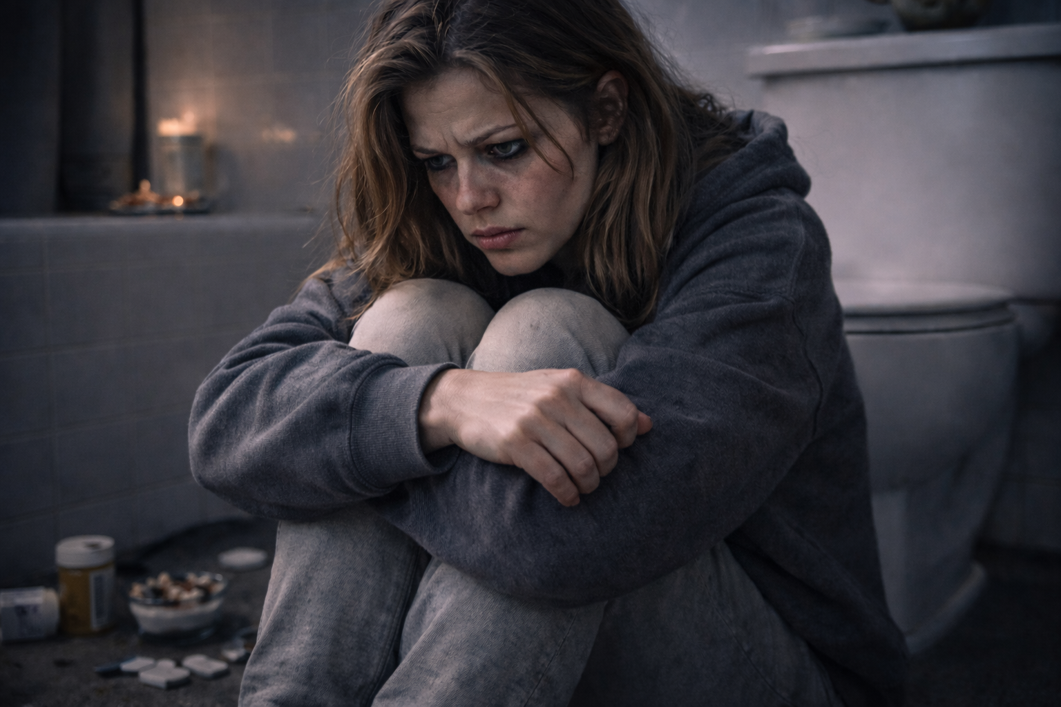 A woman huddled on a bathroom floor in despair — representing the self-destructive BPD subtype