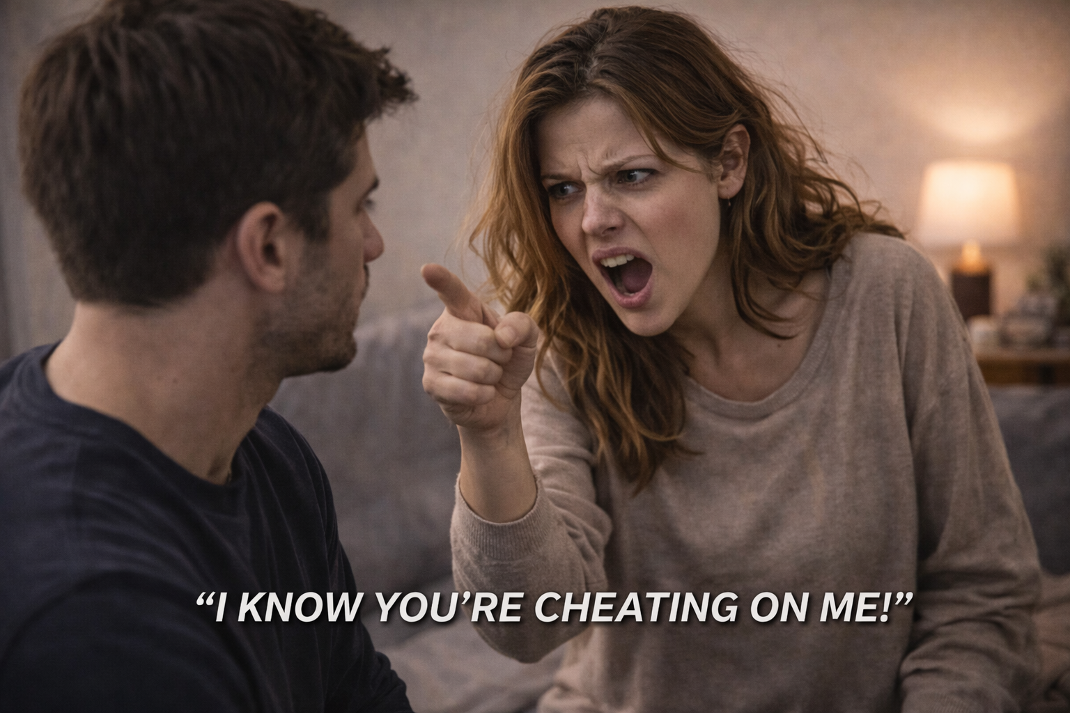 A woman angrily pointing at her boyfriend during a fight — the emotional trigger that leads to impulsive spending