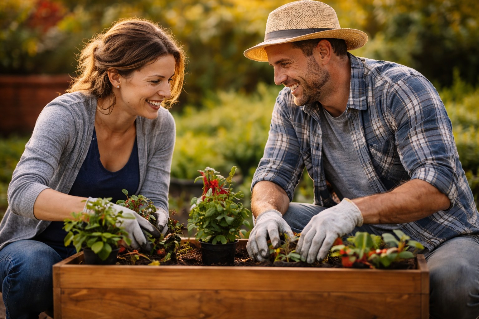 A couple gardening together in a raised bed — representing the quiet fulfillment of building a life worth living