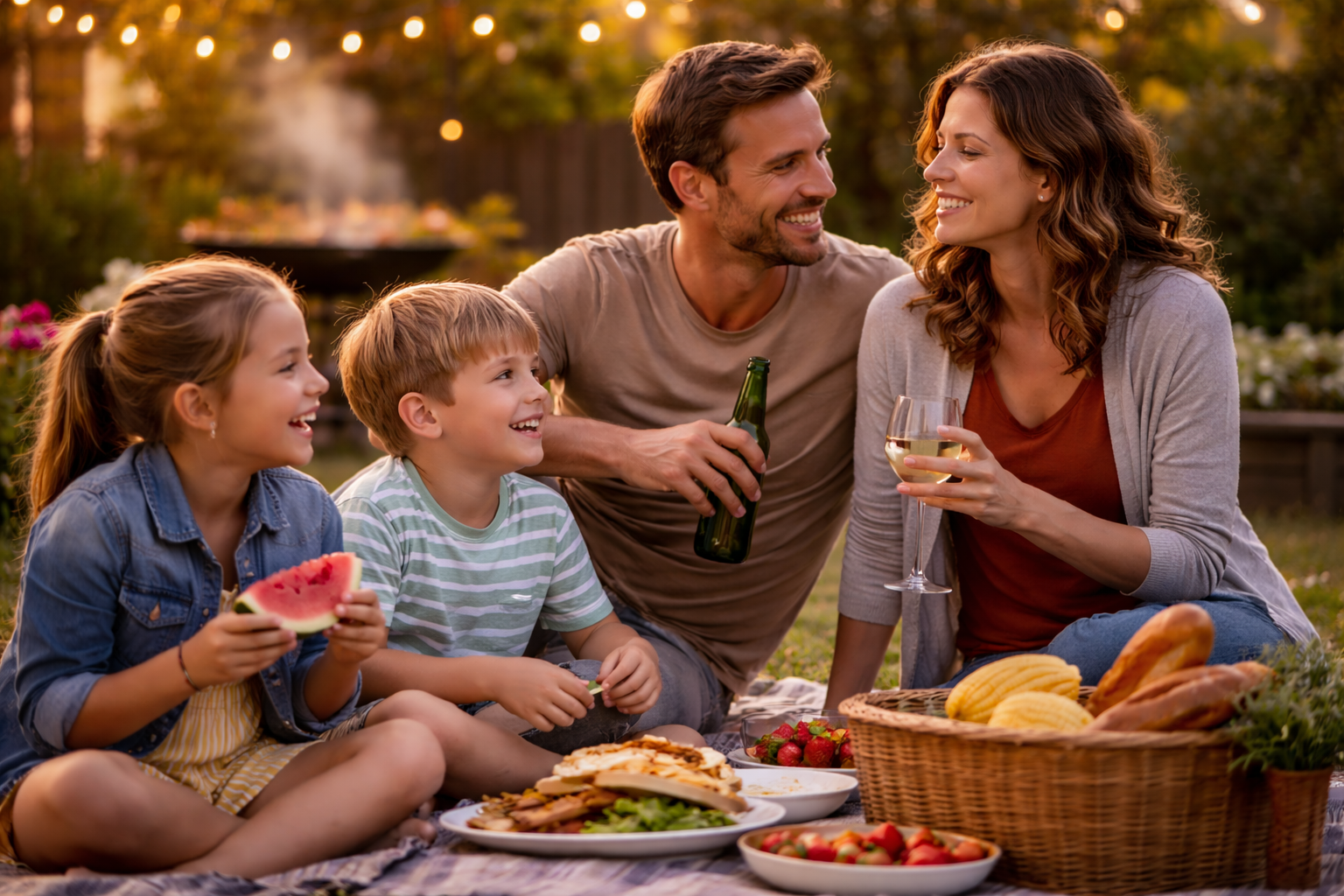 A family laughing together during a picnic outdoors — representing the ordinary joys of a stable life