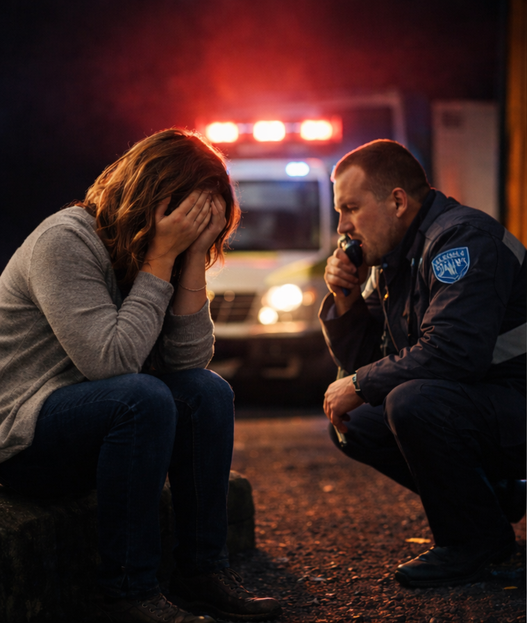 A woman in emotional crisis being supported by a first responder — representing the starting point of Stage 1 DBT