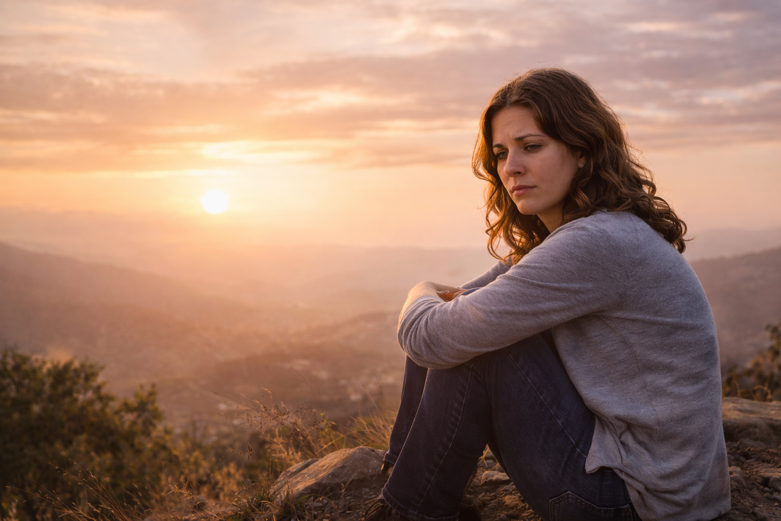 A woman sitting alone on a hilltop at sunset, reflective and searching — representing the feeling that something is still missing