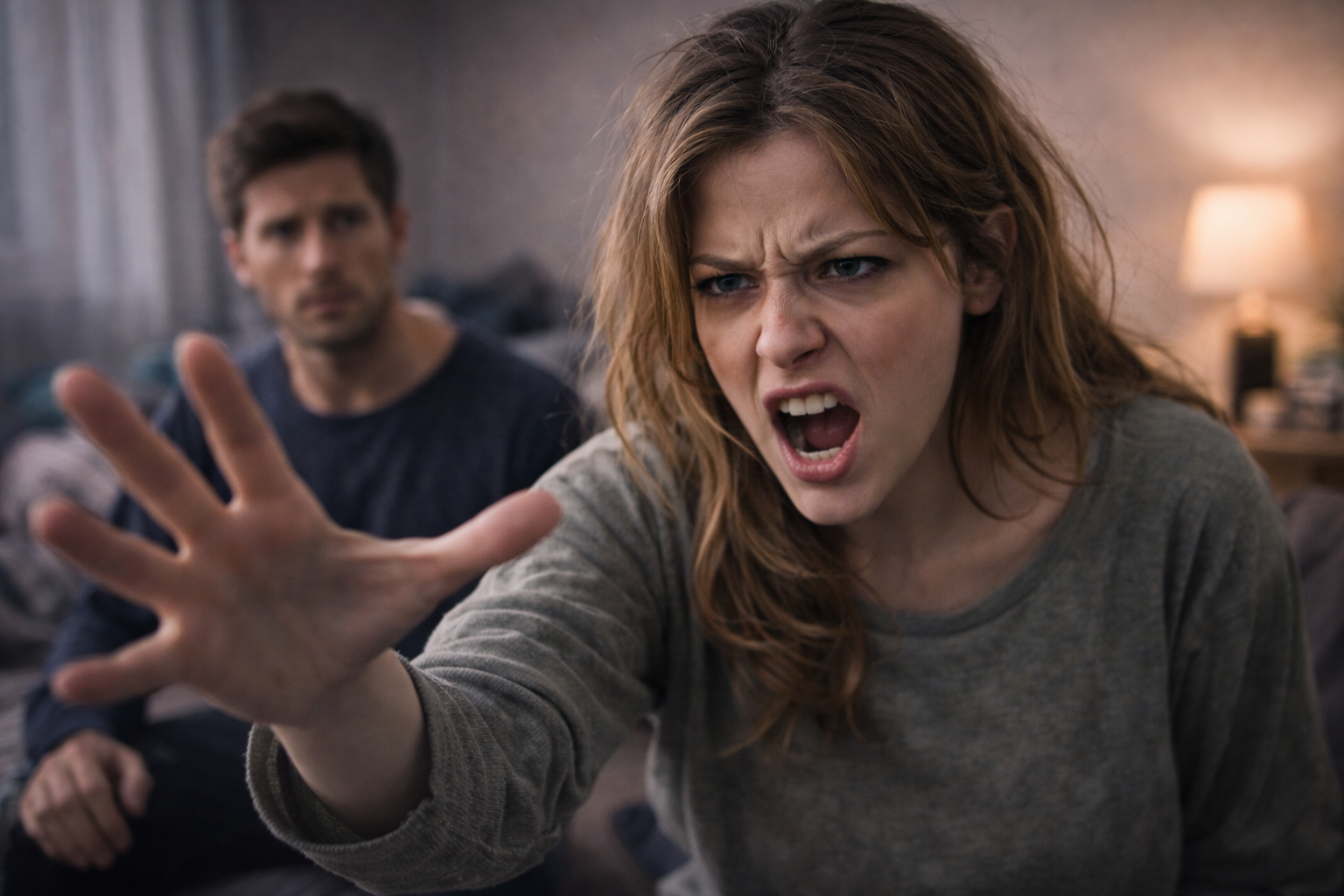A woman shouting in anger while a man looks on helplessly — representing the petulant or explosive BPD subtype